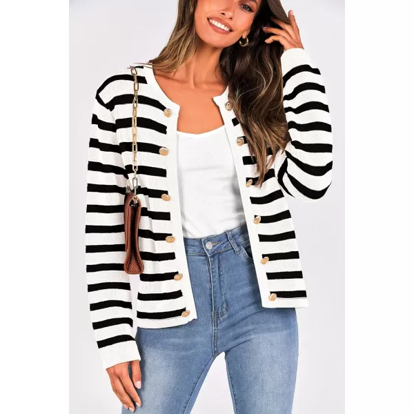 imagePRETTYGARDEN Womens Striped Cardigan Sweaters Ribbed Knit Long Sleeve Open Front Crewneck Casual JacketsBlack