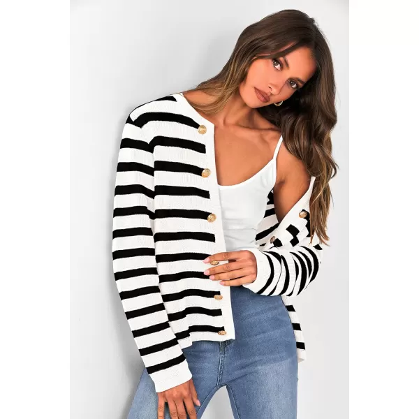 imagePRETTYGARDEN Womens Striped Cardigan Sweaters Ribbed Knit Long Sleeve Open Front Crewneck Casual JacketsBlack