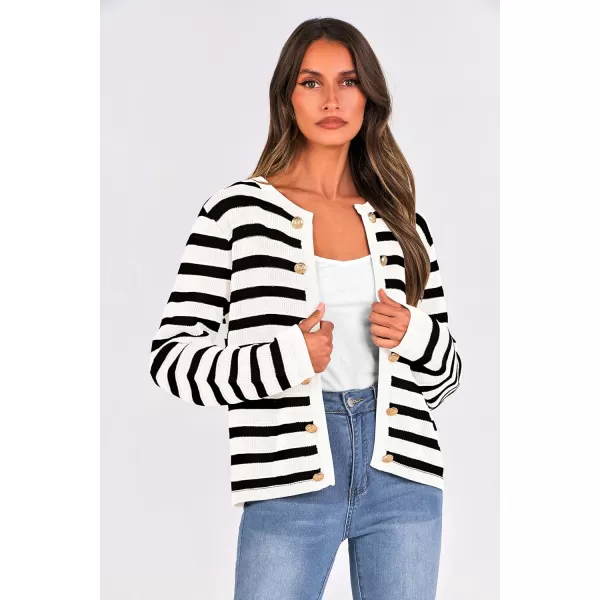 imagePRETTYGARDEN Womens Striped Cardigan Sweaters Ribbed Knit Long Sleeve Open Front Crewneck Casual JacketsBlack