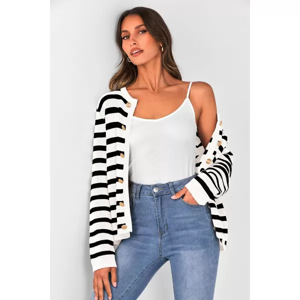 imagePRETTYGARDEN Womens Striped Cardigan Sweaters Ribbed Knit Long Sleeve Open Front Crewneck Casual JacketsBlack