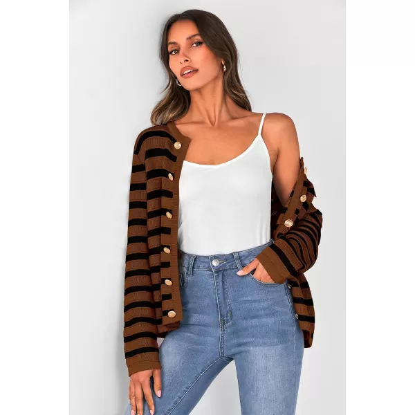 imagePRETTYGARDEN Womens Striped Cardigan Sweaters Ribbed Knit Long Sleeve Open Front Crewneck Casual JacketsCamel