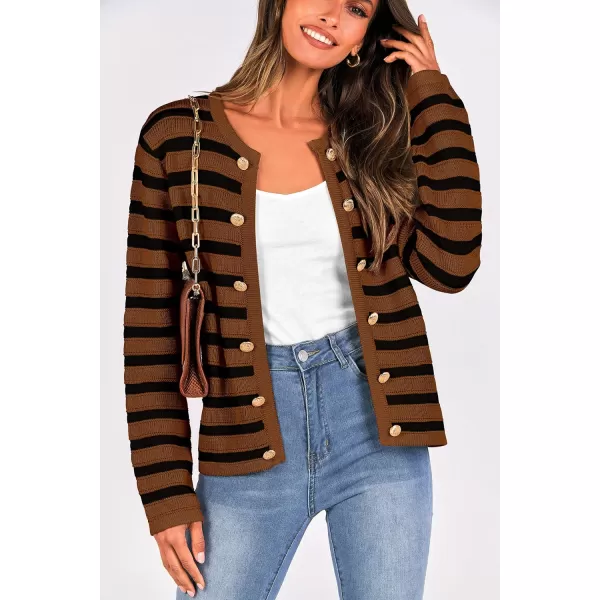 imagePRETTYGARDEN Womens Striped Cardigan Sweaters Ribbed Knit Long Sleeve Open Front Crewneck Casual JacketsCamel