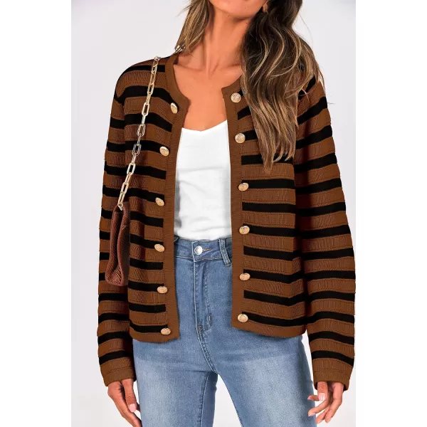imagePRETTYGARDEN Womens Striped Cardigan Sweaters Ribbed Knit Long Sleeve Open Front Crewneck Casual JacketsCamel