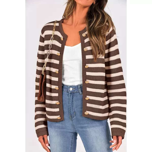 imagePRETTYGARDEN Womens Striped Cardigan Sweaters Ribbed Knit Long Sleeve Open Front Crewneck Casual JacketsCoffee
