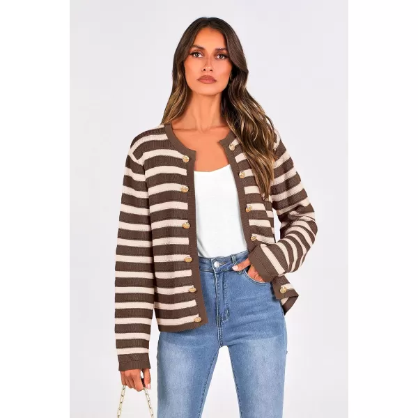 imagePRETTYGARDEN Womens Striped Cardigan Sweaters Ribbed Knit Long Sleeve Open Front Crewneck Casual JacketsCoffee