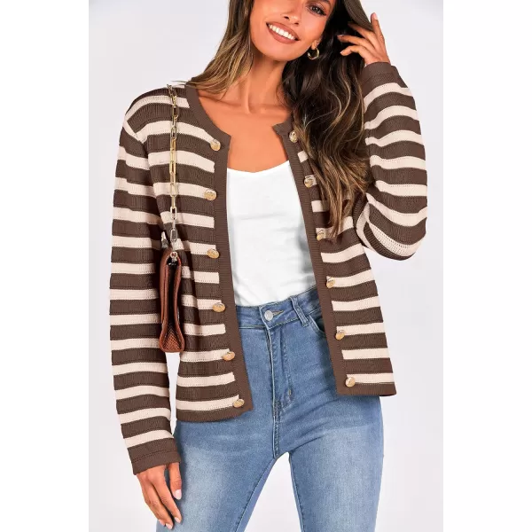 imagePRETTYGARDEN Womens Striped Cardigan Sweaters Ribbed Knit Long Sleeve Open Front Crewneck Casual JacketsCoffee
