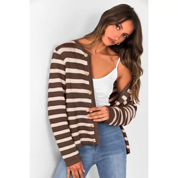imagePRETTYGARDEN Womens Striped Cardigan Sweaters Ribbed Knit Long Sleeve Open Front Crewneck Casual JacketsCoffee