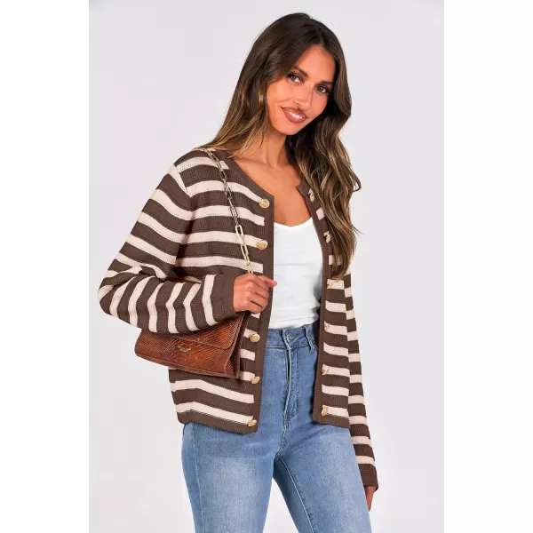 imagePRETTYGARDEN Womens Striped Cardigan Sweaters Ribbed Knit Long Sleeve Open Front Crewneck Casual JacketsCoffee