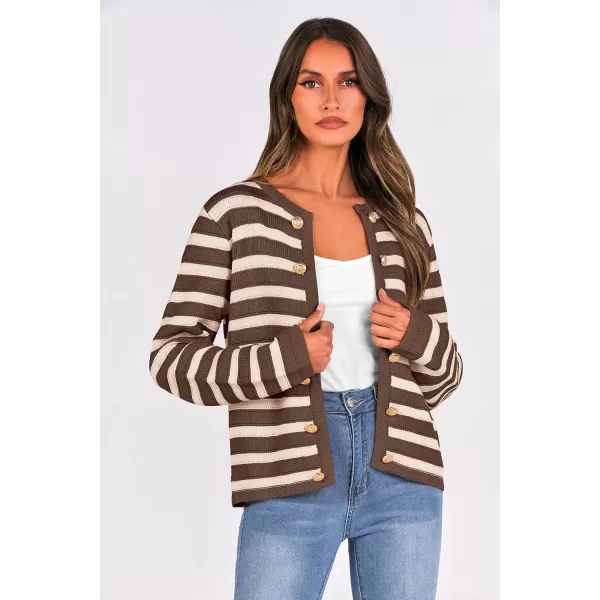 imagePRETTYGARDEN Womens Striped Cardigan Sweaters Ribbed Knit Long Sleeve Open Front Crewneck Casual JacketsCoffee