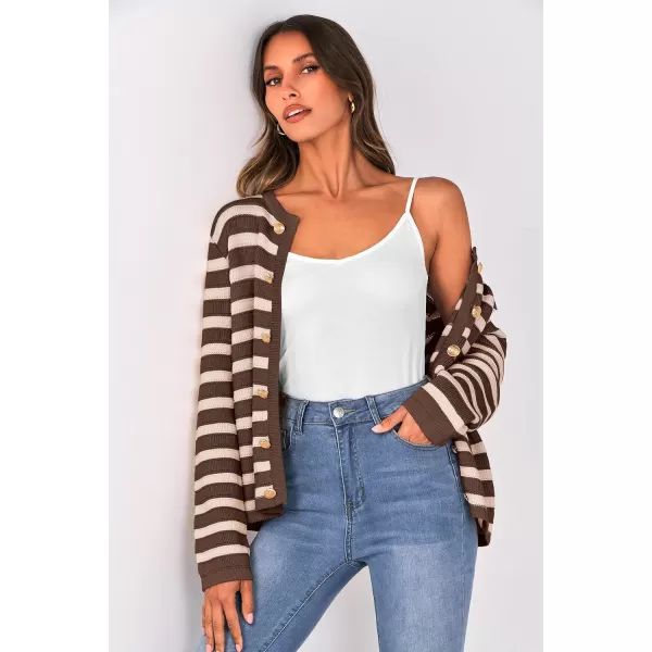 imagePRETTYGARDEN Womens Striped Cardigan Sweaters Ribbed Knit Long Sleeve Open Front Crewneck Casual JacketsCoffee