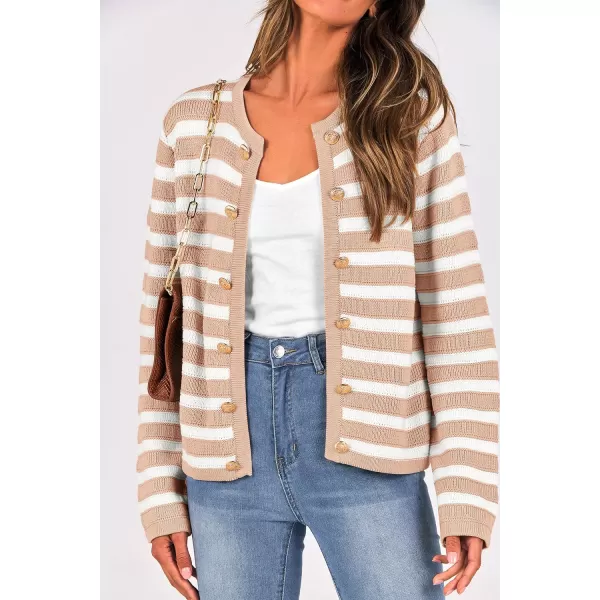 imagePRETTYGARDEN Womens Striped Cardigan Sweaters Ribbed Knit Long Sleeve Open Front Crewneck Casual JacketsKhaki