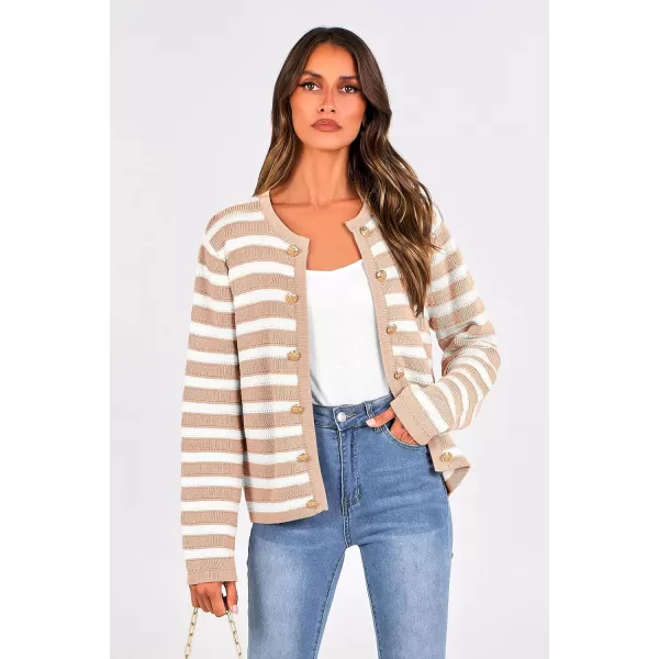 imagePRETTYGARDEN Womens Striped Cardigan Sweaters Ribbed Knit Long Sleeve Open Front Crewneck Casual JacketsKhaki