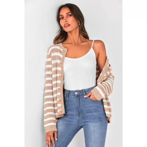 imagePRETTYGARDEN Womens Striped Cardigan Sweaters Ribbed Knit Long Sleeve Open Front Crewneck Casual JacketsKhaki