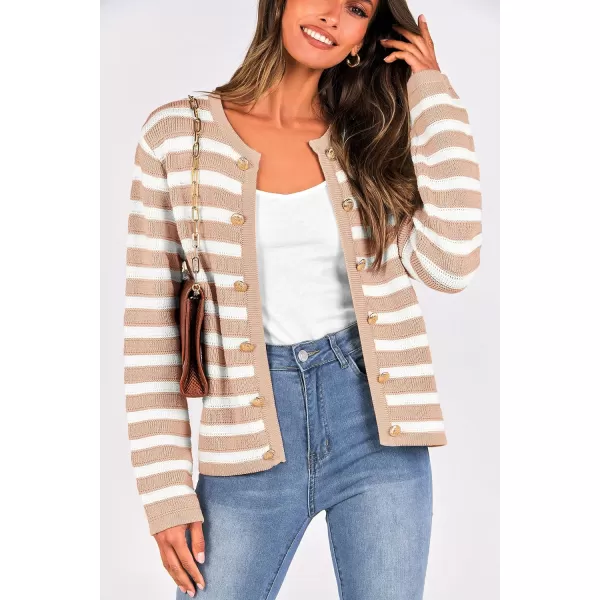 imagePRETTYGARDEN Womens Striped Cardigan Sweaters Ribbed Knit Long Sleeve Open Front Crewneck Casual JacketsKhaki