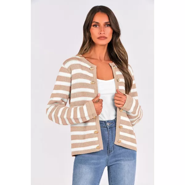 imagePRETTYGARDEN Womens Striped Cardigan Sweaters Ribbed Knit Long Sleeve Open Front Crewneck Casual JacketsKhaki