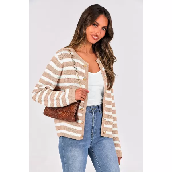 imagePRETTYGARDEN Womens Striped Cardigan Sweaters Ribbed Knit Long Sleeve Open Front Crewneck Casual JacketsKhaki