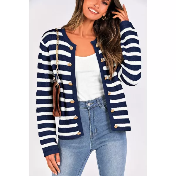 imagePRETTYGARDEN Womens Striped Cardigan Sweaters Ribbed Knit Long Sleeve Open Front Crewneck Casual JacketsNavy
