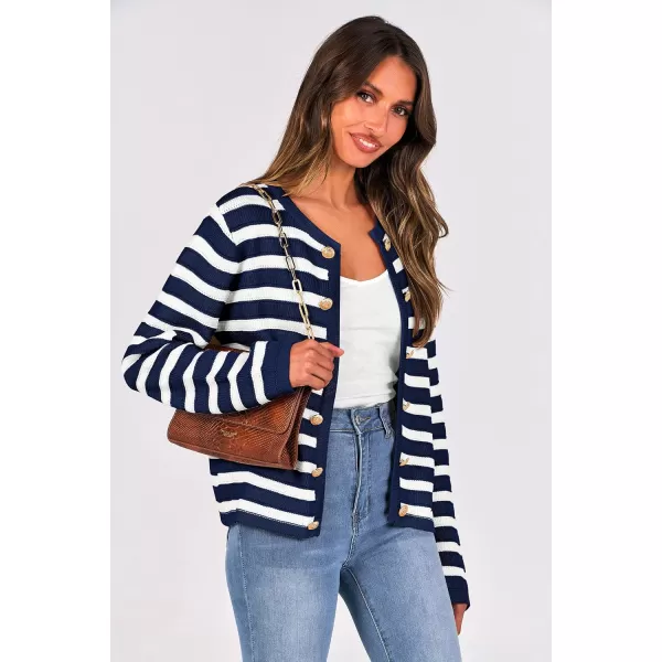 imagePRETTYGARDEN Womens Striped Cardigan Sweaters Ribbed Knit Long Sleeve Open Front Crewneck Casual JacketsNavy