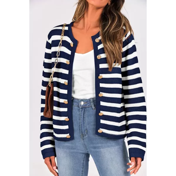 imagePRETTYGARDEN Womens Striped Cardigan Sweaters Ribbed Knit Long Sleeve Open Front Crewneck Casual JacketsNavy