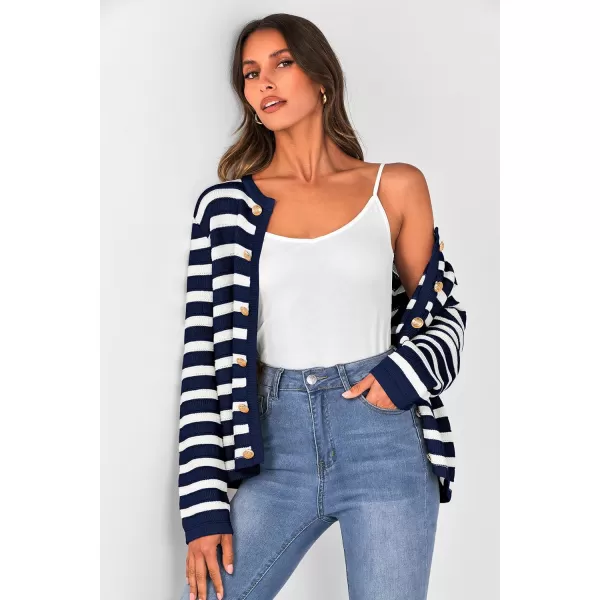 imagePRETTYGARDEN Womens Striped Cardigan Sweaters Ribbed Knit Long Sleeve Open Front Crewneck Casual JacketsNavy
