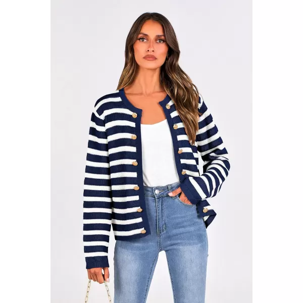 imagePRETTYGARDEN Womens Striped Cardigan Sweaters Ribbed Knit Long Sleeve Open Front Crewneck Casual JacketsNavy