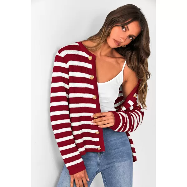 imagePRETTYGARDEN Womens Striped Cardigan Sweaters Ribbed Knit Long Sleeve Open Front Crewneck Casual JacketsWine Red