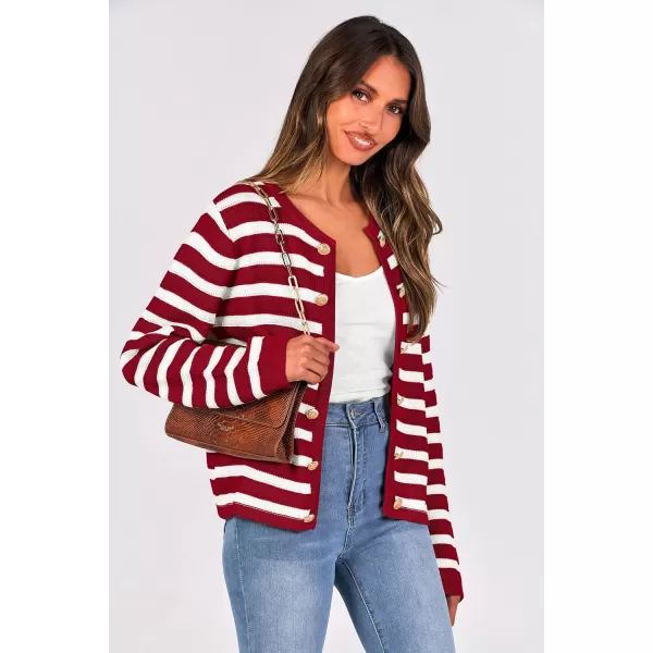 imagePRETTYGARDEN Womens Striped Cardigan Sweaters Ribbed Knit Long Sleeve Open Front Crewneck Casual JacketsWine Red