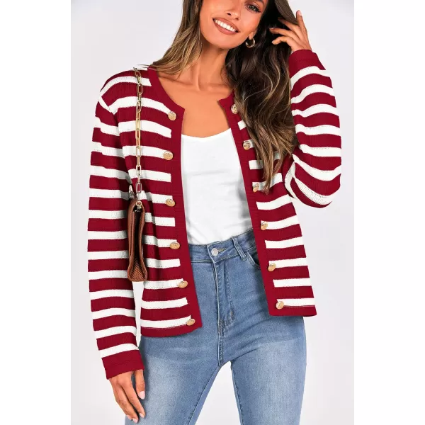 imagePRETTYGARDEN Womens Striped Cardigan Sweaters Ribbed Knit Long Sleeve Open Front Crewneck Casual JacketsWine Red