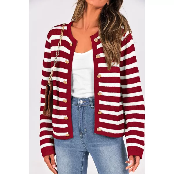 imagePRETTYGARDEN Womens Striped Cardigan Sweaters Ribbed Knit Long Sleeve Open Front Crewneck Casual JacketsWine Red