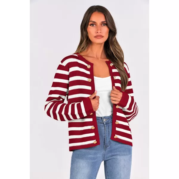 imagePRETTYGARDEN Womens Striped Cardigan Sweaters Ribbed Knit Long Sleeve Open Front Crewneck Casual JacketsWine Red