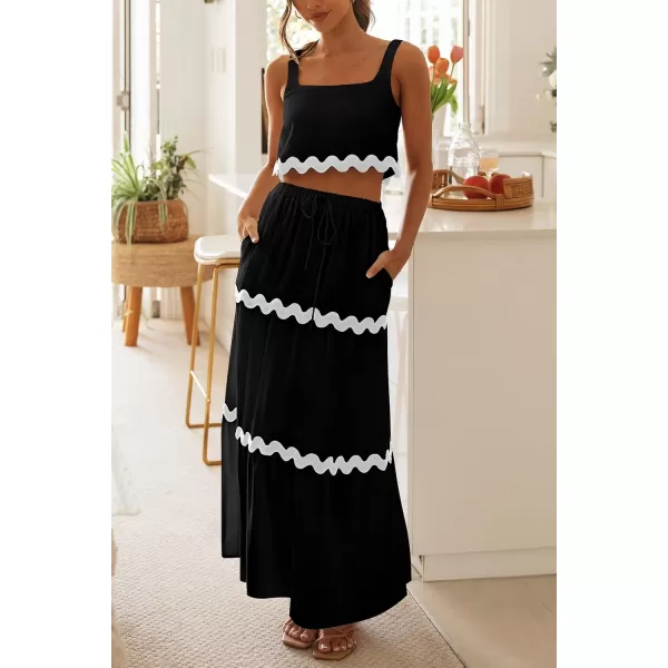 imagePRETTYGARDEN Womens Summer 2 Piece Beach Outfit Casual Sleeveless Cropped Tank Top High Waisted Maxi Skirt SetBlack