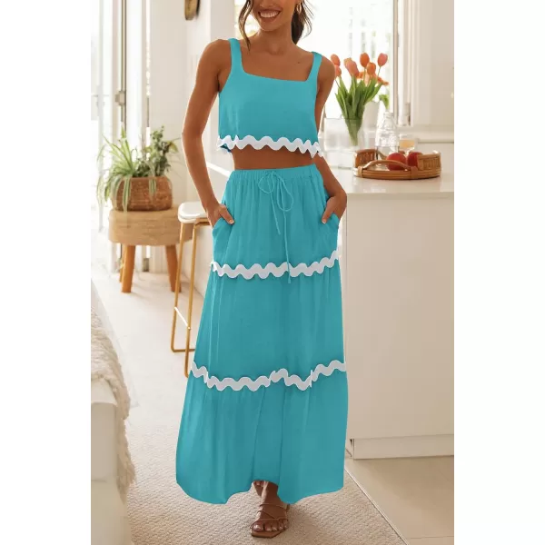imagePRETTYGARDEN Womens Summer 2 Piece Beach Outfit Casual Sleeveless Cropped Tank Top High Waisted Maxi Skirt SetLake Blue