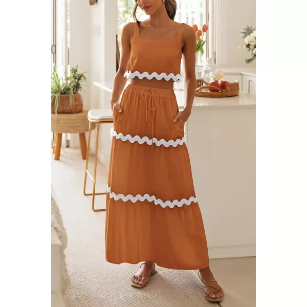 imagePRETTYGARDEN Womens Summer 2 Piece Beach Outfit Casual Sleeveless Cropped Tank Top High Waisted Maxi Skirt SetLight Brown