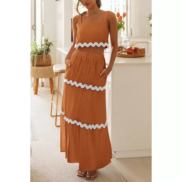 imagePRETTYGARDEN Womens Summer 2 Piece Beach Outfit Casual Sleeveless Cropped Tank Top High Waisted Maxi Skirt SetLight Brown