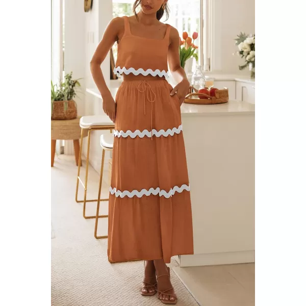 imagePRETTYGARDEN Womens Summer 2 Piece Beach Outfit Casual Sleeveless Cropped Tank Top High Waisted Maxi Skirt SetLight Brown