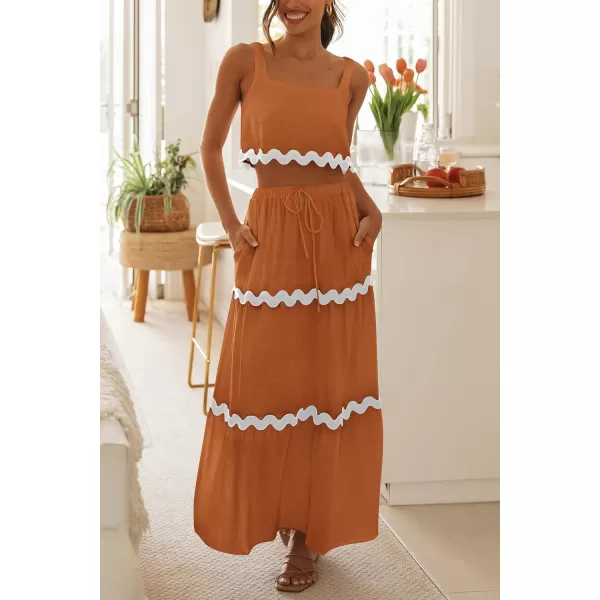 imagePRETTYGARDEN Womens Summer 2 Piece Beach Outfit Casual Sleeveless Cropped Tank Top High Waisted Maxi Skirt SetLight Brown
