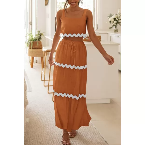 imagePRETTYGARDEN Womens Summer 2 Piece Beach Outfit Casual Sleeveless Cropped Tank Top High Waisted Maxi Skirt SetLight Brown