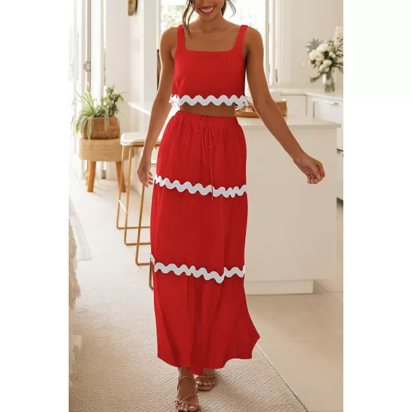 imagePRETTYGARDEN Womens Summer 2 Piece Beach Outfit Casual Sleeveless Cropped Tank Top High Waisted Maxi Skirt SetRed