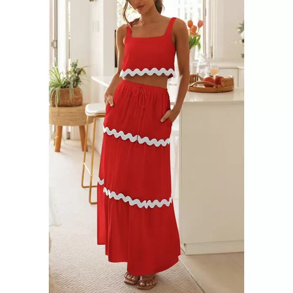 imagePRETTYGARDEN Womens Summer 2 Piece Beach Outfit Casual Sleeveless Cropped Tank Top High Waisted Maxi Skirt SetRed