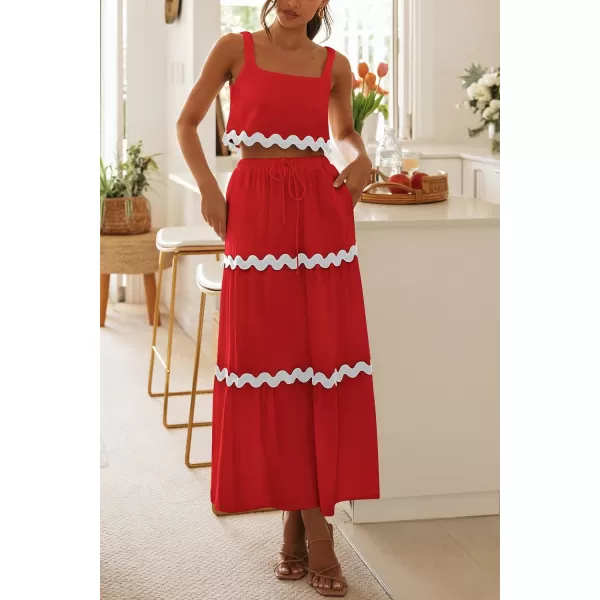 imagePRETTYGARDEN Womens Summer 2 Piece Beach Outfit Casual Sleeveless Cropped Tank Top High Waisted Maxi Skirt SetRed