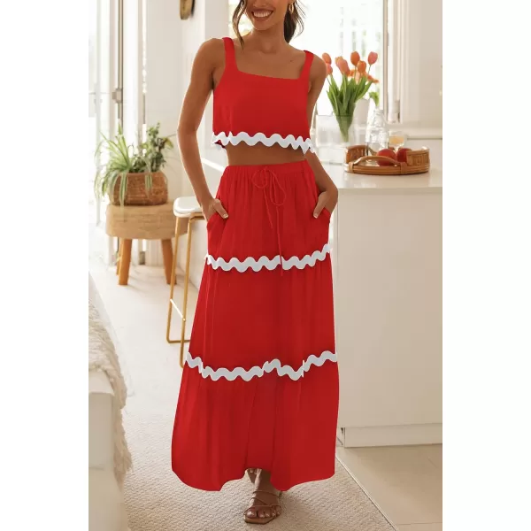 imagePRETTYGARDEN Womens Summer 2 Piece Beach Outfit Casual Sleeveless Cropped Tank Top High Waisted Maxi Skirt SetRed