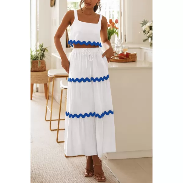 imagePRETTYGARDEN Womens Summer 2 Piece Beach Outfit Casual Sleeveless Cropped Tank Top High Waisted Maxi Skirt SetWhite Blue