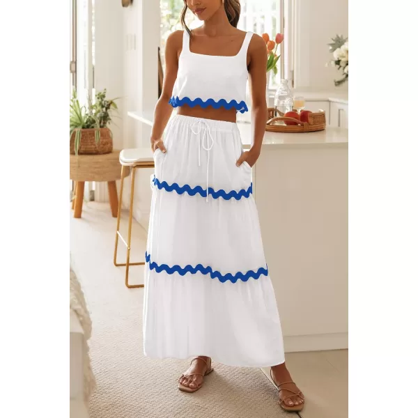imagePRETTYGARDEN Womens Summer 2 Piece Beach Outfit Casual Sleeveless Cropped Tank Top High Waisted Maxi Skirt SetWhite Blue