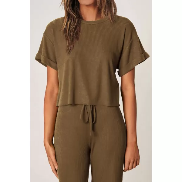 imagePRETTYGARDEN Womens Summer 2 Piece Knit Loungewear Short Sleeve T Shirts Wide Leg Pants Tracksuit Casual OutfitsArmy Green