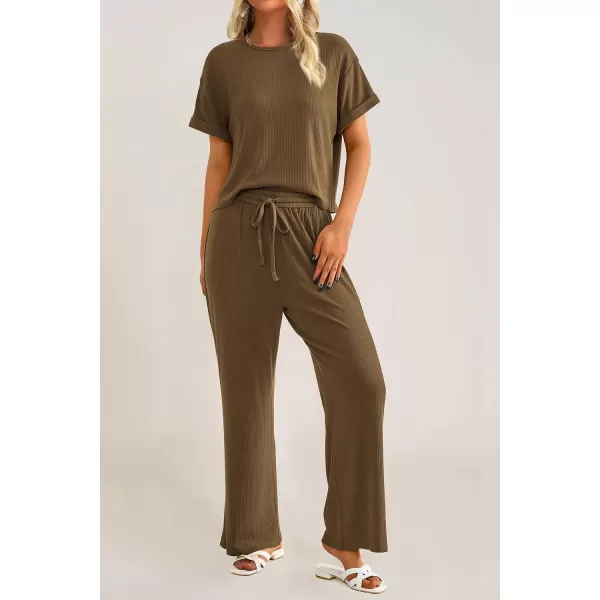 imagePRETTYGARDEN Womens Summer 2 Piece Knit Loungewear Short Sleeve T Shirts Wide Leg Pants Tracksuit Casual OutfitsArmy Green