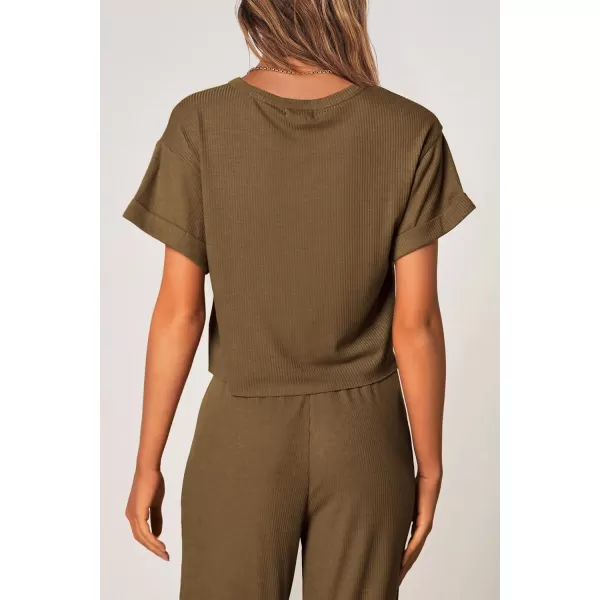 imagePRETTYGARDEN Womens Summer 2 Piece Knit Loungewear Short Sleeve T Shirts Wide Leg Pants Tracksuit Casual OutfitsArmy Green
