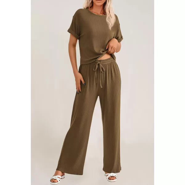 imagePRETTYGARDEN Womens Summer 2 Piece Knit Loungewear Short Sleeve T Shirts Wide Leg Pants Tracksuit Casual OutfitsArmy Green