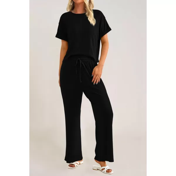 imagePRETTYGARDEN Womens Summer 2 Piece Knit Loungewear Short Sleeve T Shirts Wide Leg Pants Tracksuit Casual OutfitsBlack
