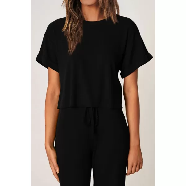 imagePRETTYGARDEN Womens Summer 2 Piece Knit Loungewear Short Sleeve T Shirts Wide Leg Pants Tracksuit Casual OutfitsBlack