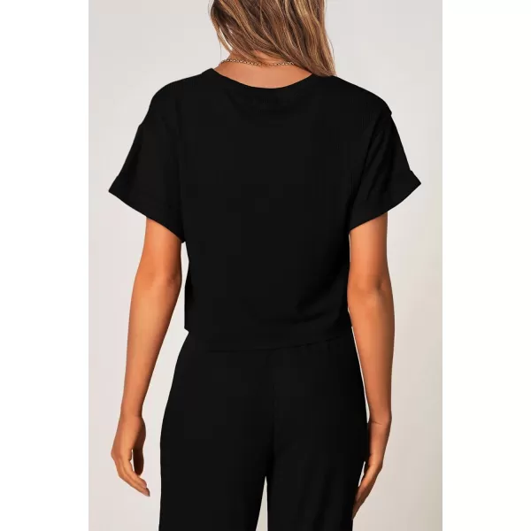 imagePRETTYGARDEN Womens Summer 2 Piece Knit Loungewear Short Sleeve T Shirts Wide Leg Pants Tracksuit Casual OutfitsBlack